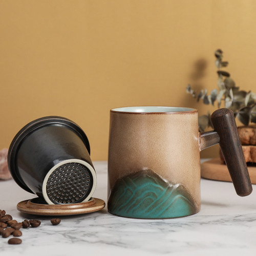 Green Mountain Desert Style Office Cup Double Layer Glazed Wood Handle with Lid and Inner Tank Mug Coffee Mug