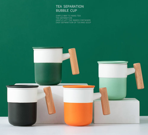 Orange white two-color ceramic wooden handle tea water separation office personal coffee tea mugs
