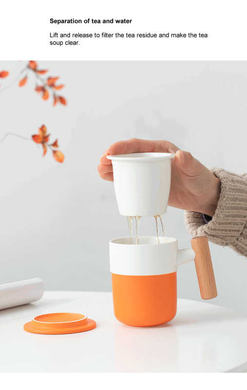 Orange white two-color ceramic wooden handle tea water separation office personal coffee tea mugs